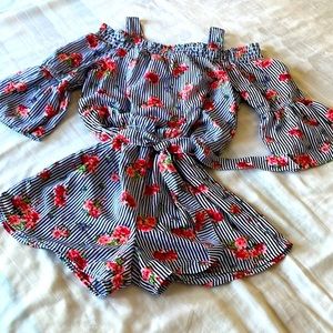 My Michelle girls floral stripe cold shoulder romper in size large